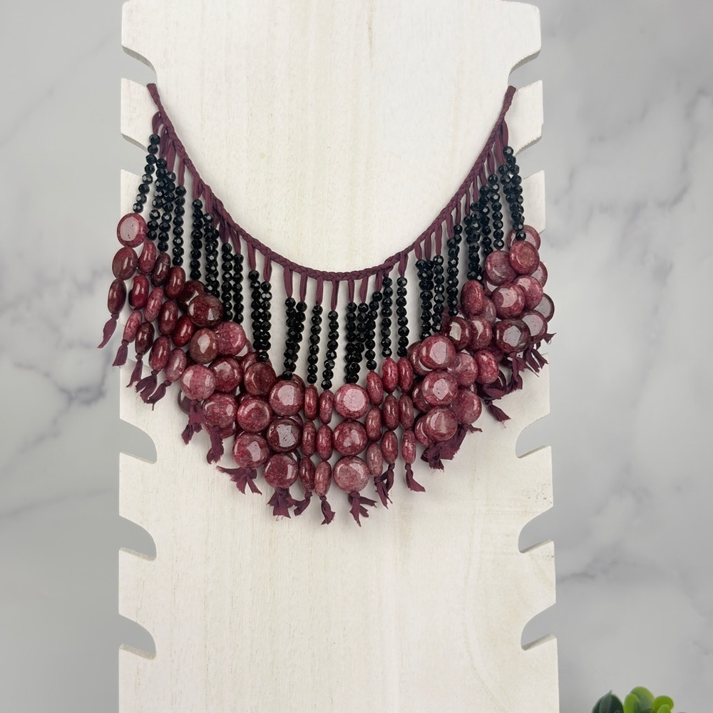 Nakamol Burgundy and Black Handbeaded Stone Statement Fringe Necklace- New!